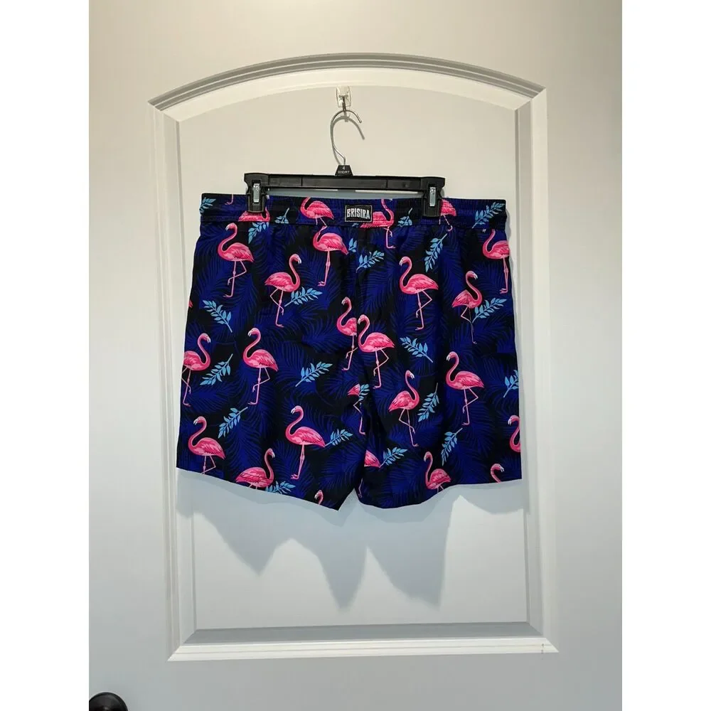 NWT Brisira Blue Flamingo Print Swim Trunks Size XL